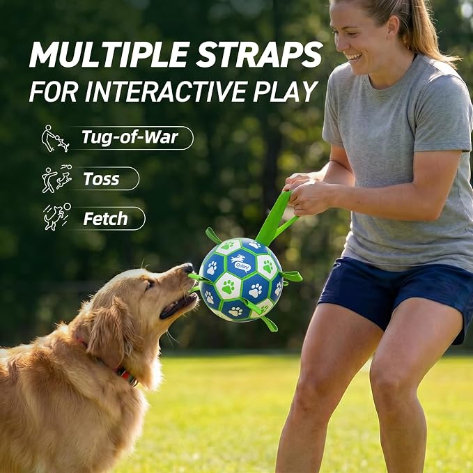 QDAN Dog Toy Balls, Dog Soccer Ball with Straps, Outdoor Dog Toys, Pet Training Soccer for Medium Large (6 Inch)