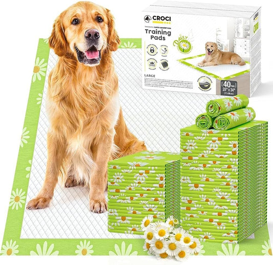 CROCI Pee Pads for Dogs 28x34in Daisy Pattern, Puppy Pads with Adhesive Tabs Super Absorbent Up to 8 Cups, Disposable (40 Counts)