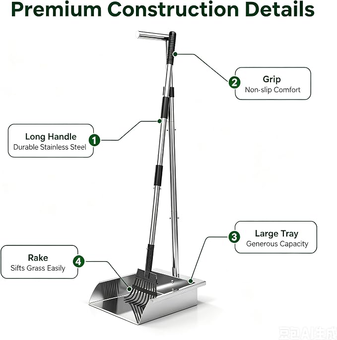 Metal Dog Pooper Scooper with Long Handle Rake and Tray Set for Large Dogs. | Heavy Duty Stainless Steel poop scooper for dogs Suitable for Yard, Garage ，Grass, Dirt & Gravel and Multi-Dog Families