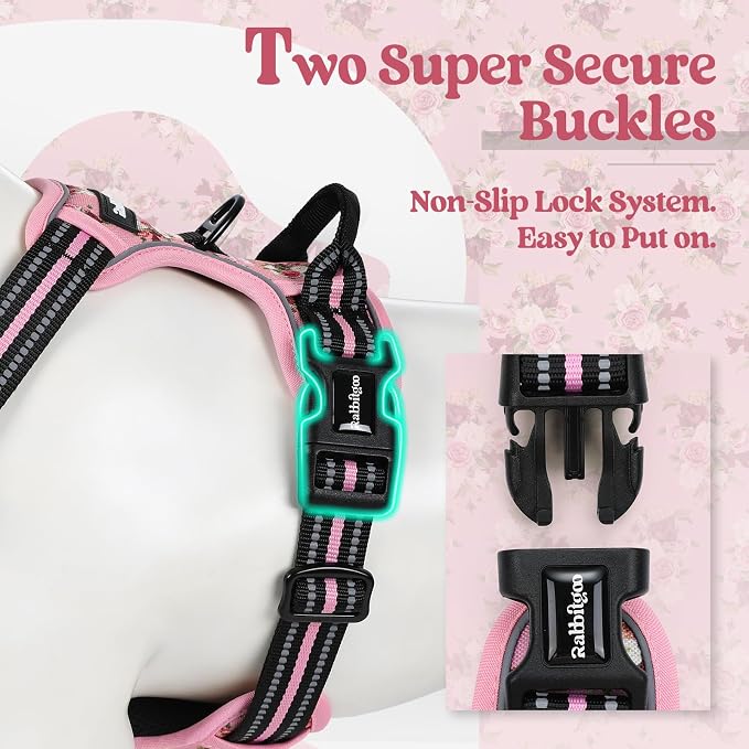 rabbitgoo Dog Harness, No Pull Medium Sized with 2 Leash Clips, Pet Vest | No Choke with Handle, Adjustable Soft Padded, Reflective, Easy Control for Walking, Pink Rose, Medium