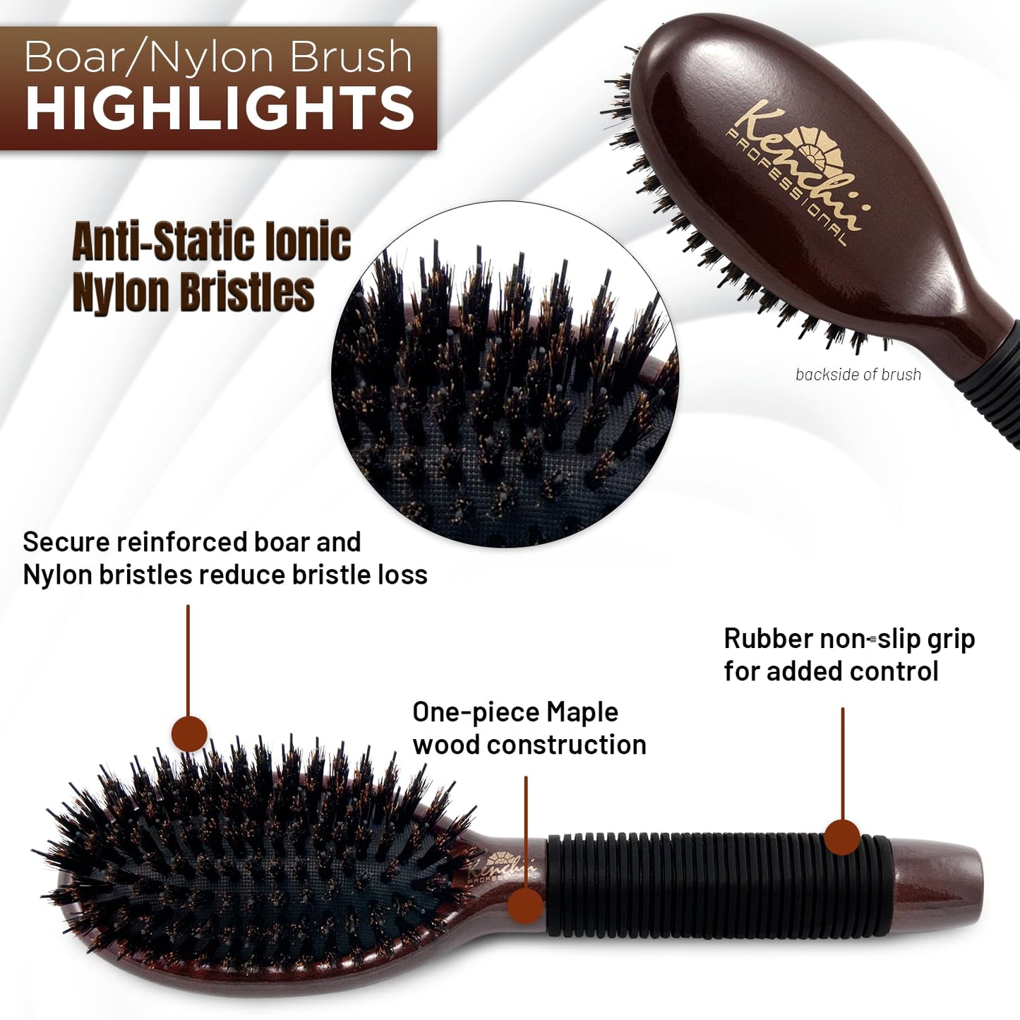 Kenchii Boar and Nylon Bristle Dog/Cat Grooming Brush with One-Piece Maple Body-Choose Size Large, Small (Small)