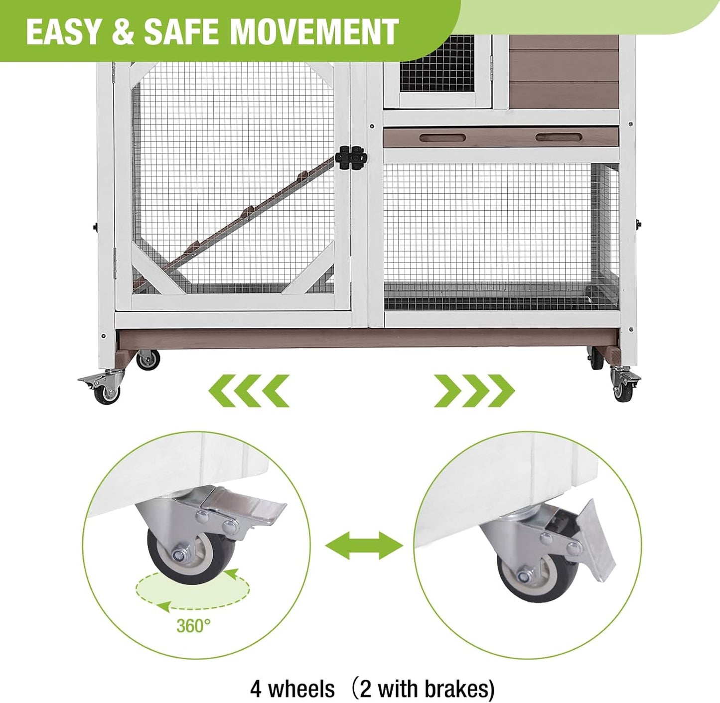 GUTINNEEN Rabbit Hutch Indoor Outdoor 2 Story Bunny House on Wheels Wood Rabbit Cage with 2 Pull Out Trays Guinea Pig Cage