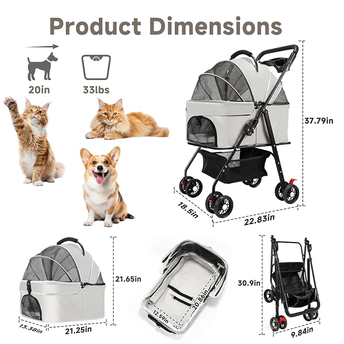 Pet Stroller for Small Dogs and Cats with 4 Wheels, 3 in 1 Foldable Dog Stroller with Detachable Carrier, Breathable Mesh, Storage Basket & Cup Holder, Up to 33 lbs