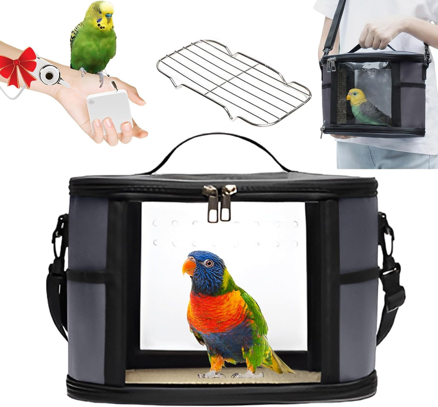 Bird Travel Carrierm, Small Bird Travel Backpack Carrier Cage with Tray and Breathable Clear Window, for Parakeet Cockatiel Budgies, for Camping Hiking (Large-Black)