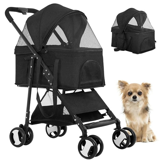 BestPet Pet Dog Stroller with Premium 3-in-1 Multifunction & Detachable Carrier for Folding Lightweight Cat Travel Stroller,Black