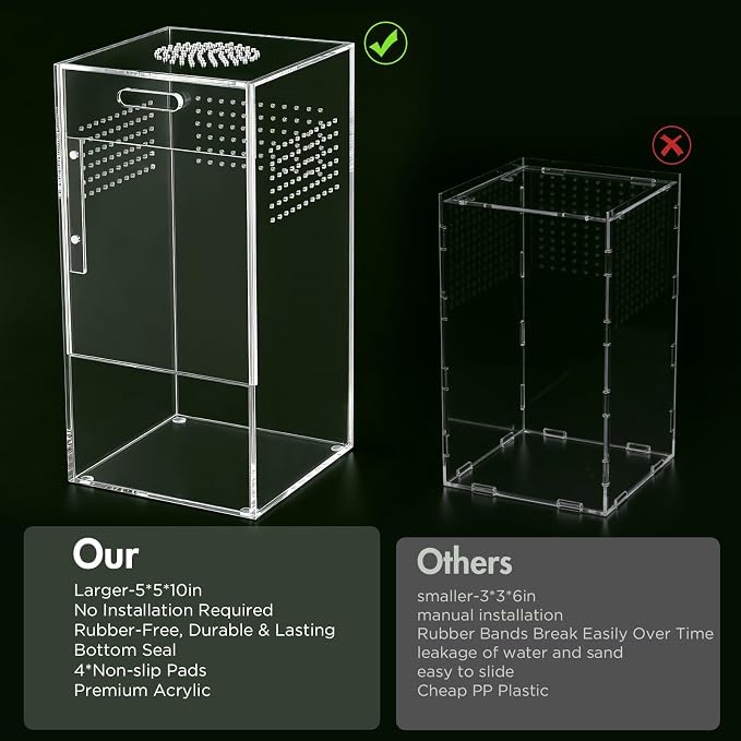 Pre-Assembled Jumping Spider Enclosure, All-Side Ventilation | 5"×5"×10" Escape-Proof Acrylic Habitat Terrarium with Magnetic Door for Jumping Spider, Tarantula, Praying Mantis, Snail