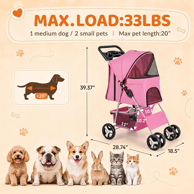 ZENY Foldable Pet Stroller, Cat/Dog Stroller with 4 Wheel, Pet Travel Carrier Strolling Cart with Storage Basket, Cup Holder (Pink)