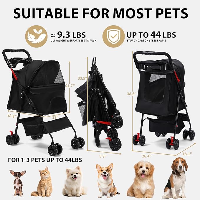 Dog Stroller for Small Dogs, Pet Stroller with 4 Wheels, Foldable Dog Strollers for Small Dogs & Cats, Cat Stroller with Storage Basket, Breathable Mesh, 360° Wheels & Rear Brakes Grey