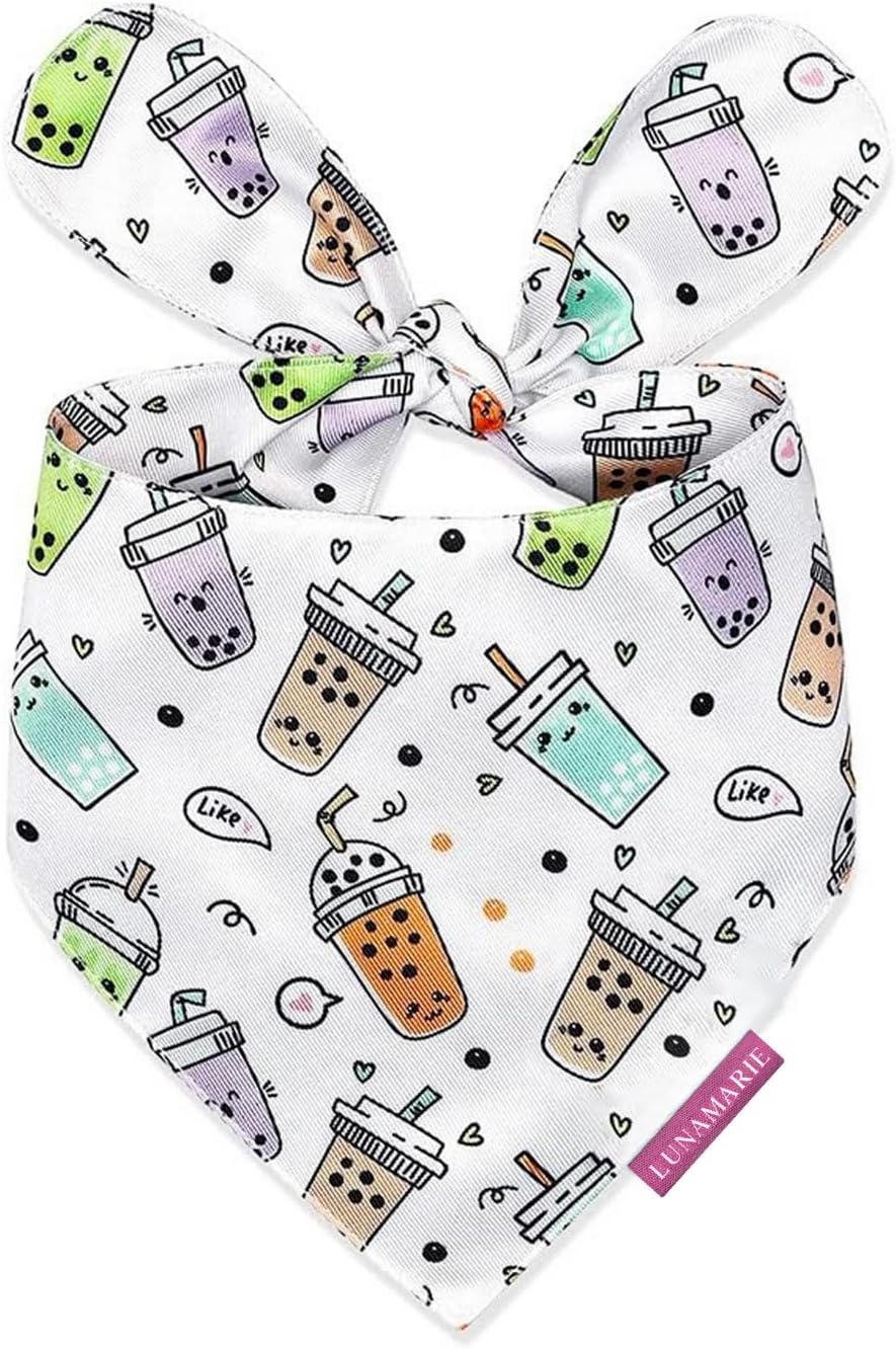 LunaMarie - Luxury Pet Birthday Bandanas -Premium & Silky Poly Fabric | 100% Handmade | Custom Shape Dual Layered (Boba, Medium)