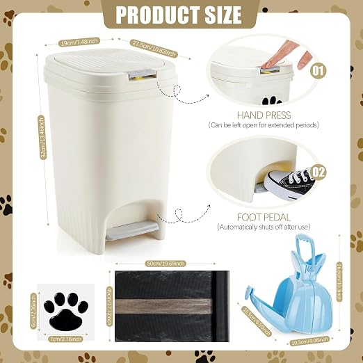 Hushee 10L/2.6Gal Dog Poop Trash Can Outdoor Set, Pedal Garbage Can with Lid, Blue Pooper Scooper, Black Paw Stickers and 30 Waste Bags for Small, Medium and Large Dogs Poop Disposal Kit