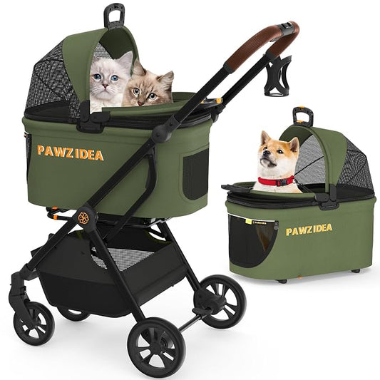 PAWZIDEA Pet Stroller 4 in 1, Foldable Cat Stroller with Detachable Carrier for Small Medium Dogs & Cats, Escape-Proof No-Zip Canopy, Lightweight Portable Travel Crate & Car Seat Combo, Storage Basket