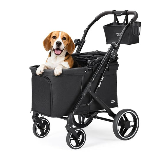 X6 Pet Stroller for Medium Large Pets Up to 70Lbs, Black | 10" Dual-Side Entry, 180° Detachable Canopy, All-Terrain Wheels, Shock Absorption, One-Hand Fold