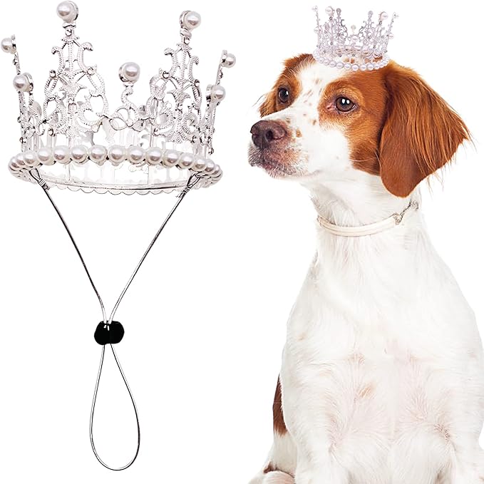 PET SHOW 2pcs Large Dog Crown Headband Sheep Big Pet Hat for Birthday Party Silver Gold Rhinestone Faux Pearl Crown for Pets Wedding Hair Accessories Photo Prop Costume