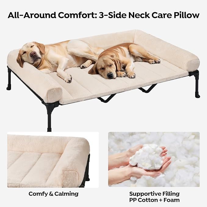 Veehoo Elevated Dog Beds Large Sized Dog with Fluffy Plush Bolster Cushion | Orthopedic Raised Dog Beds for Indoor Outdoor, Soft Pet Sofa Cot with Removable Washable Mat, No-Slip Feet, 59" x 37", White