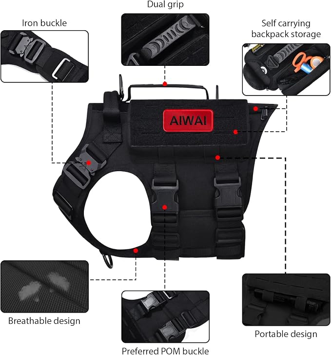 AIWAI Tactical Dog Harness with Handle for Large Dogs,2X Metal Buckle, Dog MOLLE Vest with Pockets,No Pull Adjustable Pet Harness, Easy Control Dog Vest Harness for Working Training (Black, Medium)