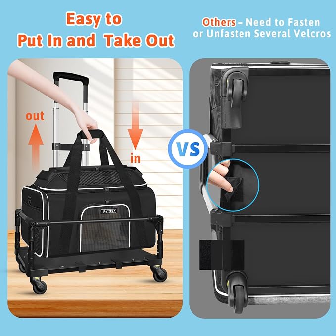 Petskd Top-Expandable Small Pet Carrier with Wheels(18" L x 11" W x 11" H), Delta/American/United Airlines Approved, Rolling Pet Carrier for Small Dogs & Cats (Black)