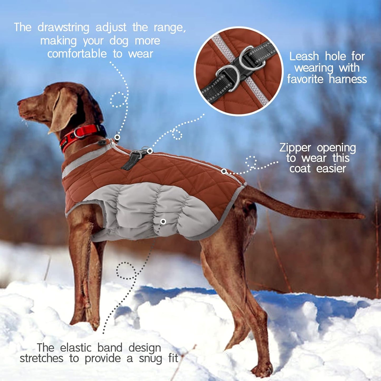 FUAMEY Dog Coat for Large Dogs,Waterproof Dog Winter Jacket with Harness Built in Puppy Cold Weather Coats Reflective Pet Vest with Zipper Warm Fleece Dogs Snowsuit Windproof Brown XL