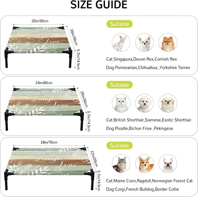 Outdoor Elevated Dog Bed for Large Dogs, Teal Brown Botanical Breathable Cooling Raised Dog Cot for Indoor/Outdoor, Farmhouse Wooden Leaves Waterproof Elevated Pet Beds, L 28 x 22 in