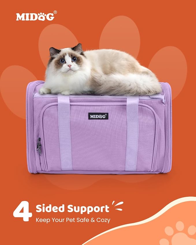MIDOG Cat Carrier Soft for Small-Medium Cats Up to 15lbs, Airline Approved | Expandable Square Design,Comfort & Breathable Window,Equipped with anti-slip lock zippers and an internal safety leash