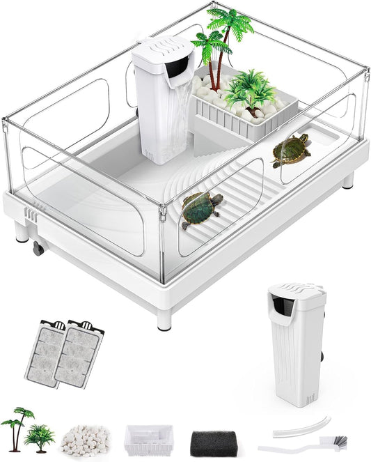 Small Turtle Tank with Filter, Turtle Aquarium, Acrylic Turtle Terrarium with Basking Platform, Bottom Drainage, Multi-Function Areas for Turtles, Crayfish, Small Reptiles.(Tank+Filter)