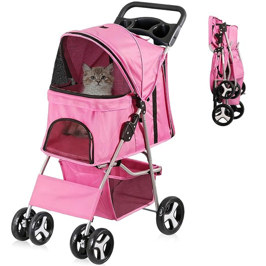 4 Wheels Dog Stroller Folding Pet Strolling Cart for Small Medium Cats Puppies Portable Jogger Travel Camping Puppy Carrier with Storage Basket Cup Holder, Pink