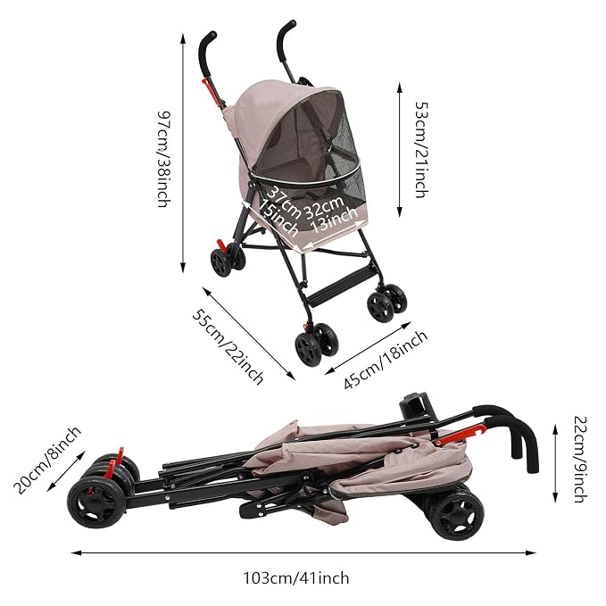 Pet Stroller for Small Medium Dogs Cats up to 22 lbs, Lightweight Foldable Dog Stroller with 360° Wheels & Brakes, Safety Tether, Breathable Mesh, Removable Washable Cushion