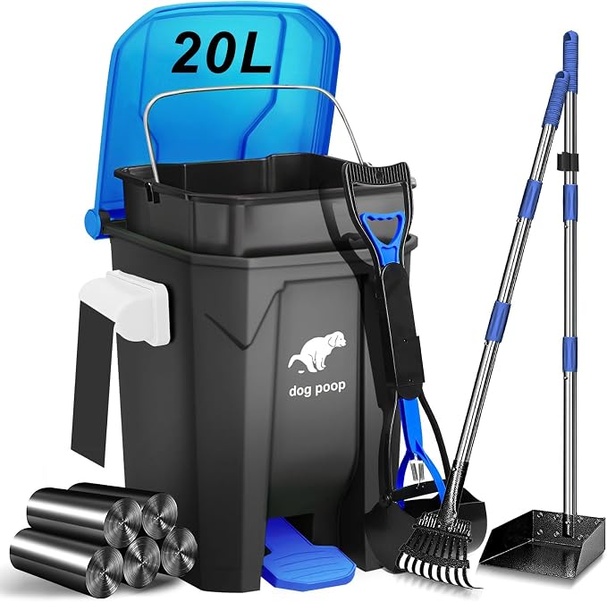 Dog Poop Trash Can Outside - 20L/5Gal Dog Poop Scooper Set, Blue | Outdoor Trash Can with Lid and Removable Inner Bin,Dog Waste Trash Can with 100 Bags & Storage Box and Metal Rake & Tray