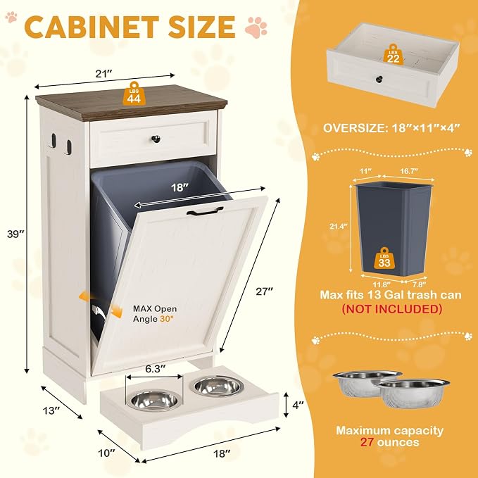 21’’W Dog Feeding Station with Storage, (White, Single Door)