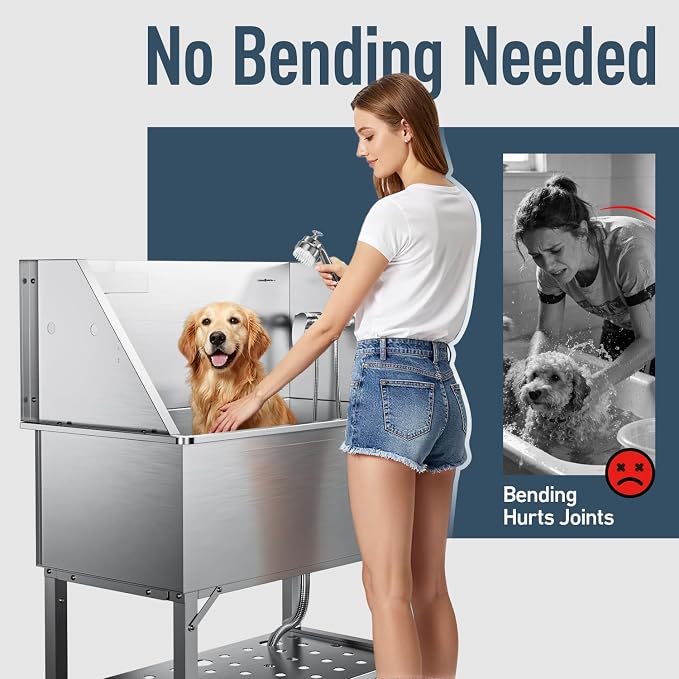 RDCMKL 38" Stainless Steel Dog Washing Station - 304 Seamless Soaking Tub for Small & Medium Dogs, Non-Slip & Leak-Proof Pet Grooming Sink with Bottom Storage Shelf & Hair Catcher for Home & Spa