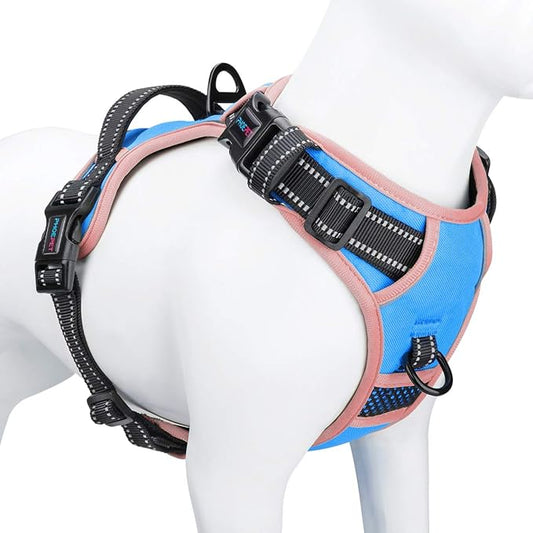 No Pull Dog Harness Medium Reflective Front Clip Vest with Handle | Adjustable 2 Metal Rings 3 Buckles ,[Easy to Put on & Take off](M, Blue)