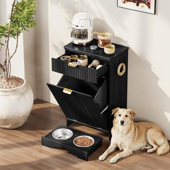 Tilt Out Trash Can Cabinet with Dog Bowl, 10 Gallons Dog Feeding Station with Storage Cabinet, Pet Feeder Cabinet with Hideaway Drawer for Kitchen, Living Room(Tilt-Out Dog Feeding Station-Black)