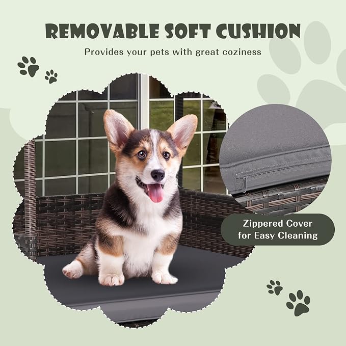 Giantex Wicker Dog House, Raised Rattan Dog Bed with Waterproof Roof, Washable Cushion Cover, Steel Frame, Indoor Outdoor Elevated Dog Bed Pet House for Small Medium Dogs Cats, Easy Assembly