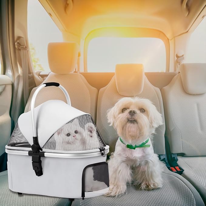 3 in 1 Pet Stroller for Small/Medium Dogs & Cats with Detachable Carrier, Storage Basket and Pet Pad, 4 Wheels Foldable Pet Travel Carrier for Car Seat & Hand Carry, Safe Outings (Grey)