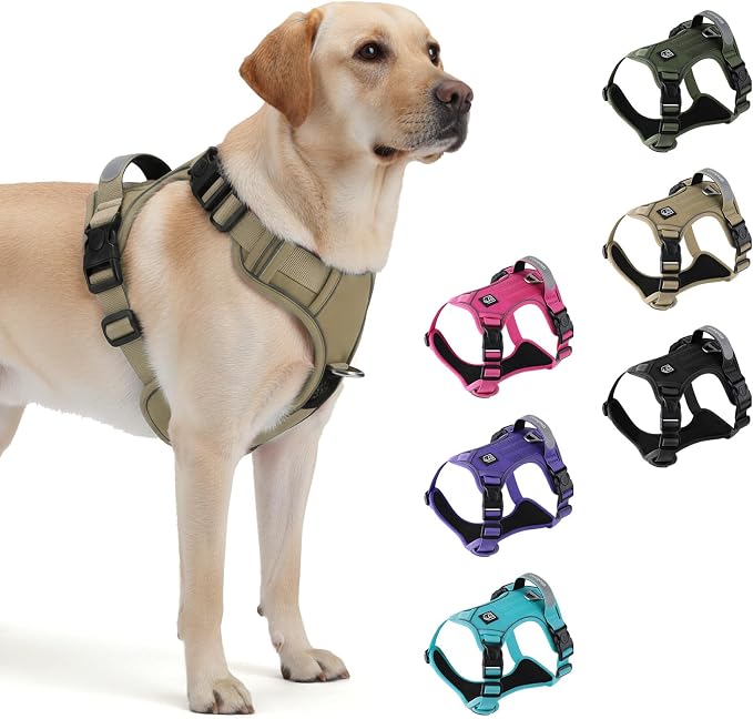 Heavy Duty Tactical Dog Harness for Medium Dogs, No Pull Dog Harness with Handle & Front Clip, Reflective Soft Padded, Hook and Loop Panel, Dog Vest for Walking, Service Training, Khaki