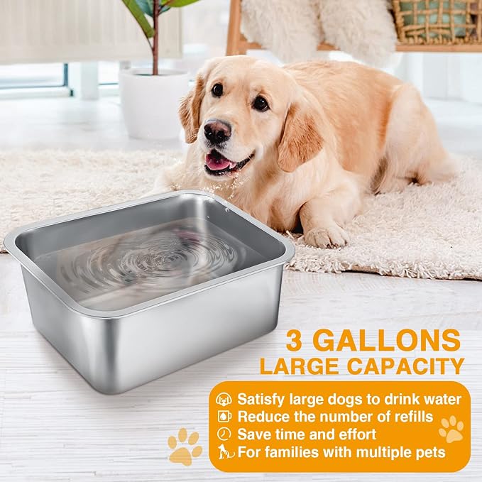 MEWTOGO 3 Gallons Extra Large Capacity Food Grade Stainless Steel Dog Bowls | Dog Water Food Bowl, No Spilling, Durable, Easy to Clean, for Large Breed Dogs Indoor Outdoor