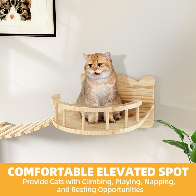 Cat Shelves for Wall, 18-in-1 Cat Wall Furniture w/Tunnel & Bridge | Multi-Level Floating Cat Shelves for Space Saving, Solid Wood Cat Climbing System with Scratching Posts, Condos, Burlywood