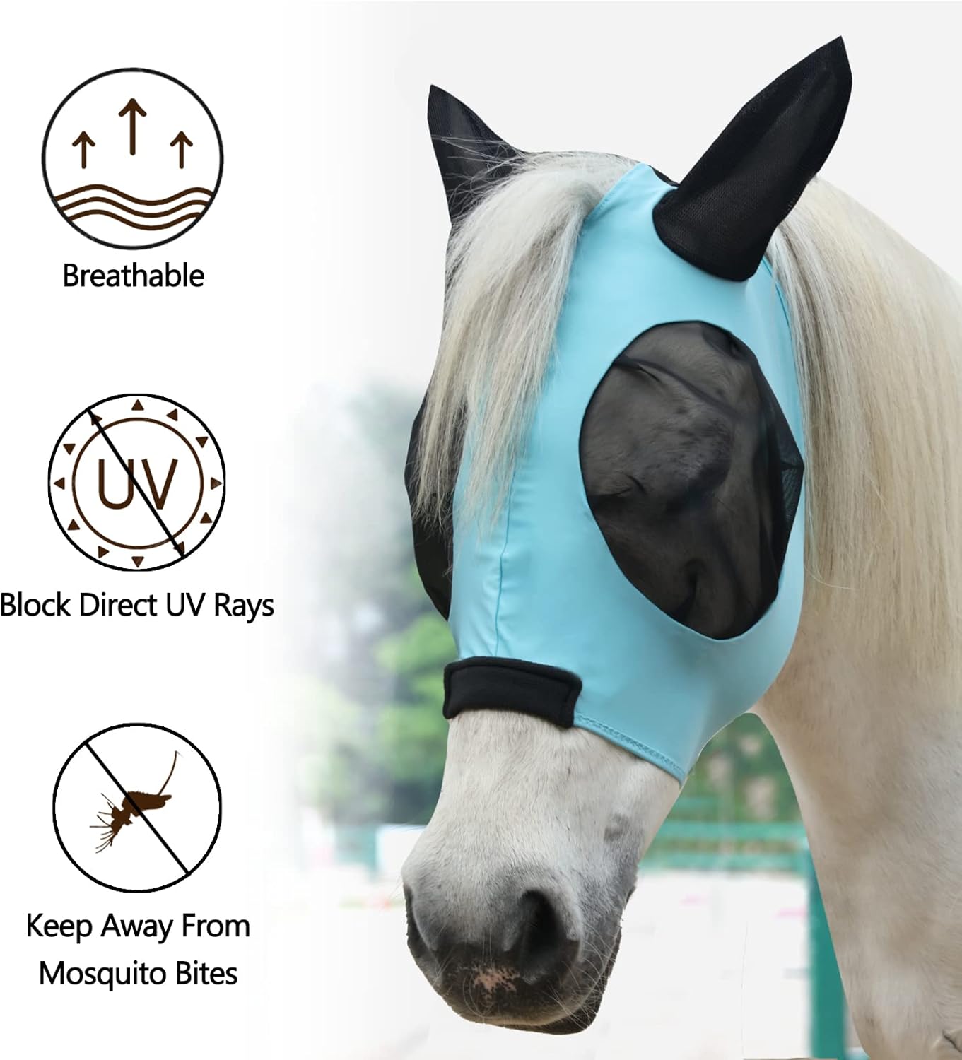 Horse Fly Mask with Ears - Large Eye Space for Full Vision, Breathable Stretch Comfort Fit, UV Protection, Forelock Opening, Easy Pull-On Paleblue Cob