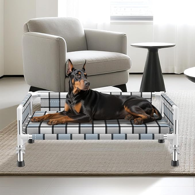 Elevated Dog Bed with with Guardrail & Cushion, Raised 3-Fence Dog Bed | Breathable Lifted Stainless Steel Frame Dog Hammock Bed with Mat for All Pets, Cooling Washable Dog Cot