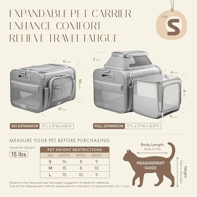 Top and Side Expandable Pet Carrier with Treat & Pet Window,17x11x9.5 Inch Alaska Hawaiian Airline Approved,Soft-Sided Dog Carrier for Small Dogs and Cats,Travel Cat Carrier with Locking Zippers