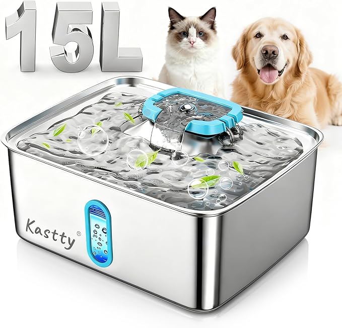 Kastty 3.96 Gal Large Dog Water Fountain,15L Stainless Steel Dog Water Bowl Dispenser with Water Level Window and LED Light,Ultra Quiet Automatic Pet Water Fountain Easy Cleaning(FS78,Blue)