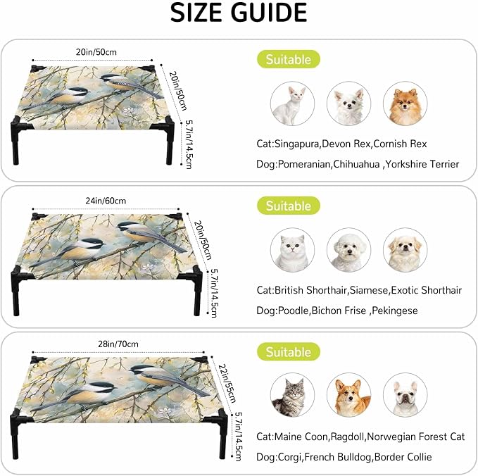 Outdoor Elevated Dog Bed for Large Dogs, Birds Branches Breathable Cooling Raised Dog Cot for Indoor/Outdoor, Country Elegant Pastoral Floral Waterproof Elevated Pet Beds, L 28 x 22 in