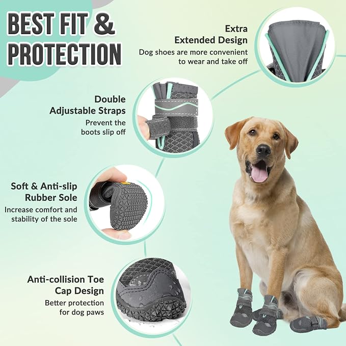 SlowTon Dog Shoes for Large Small Medium Dogs - Breathable Dog Boots for Summer Hot Pavement, Paw Protector for Outdoor Walking Winter Snow, Anti-Slip Rubber Dog Booties for Hardwood Floor (Grey, 4)