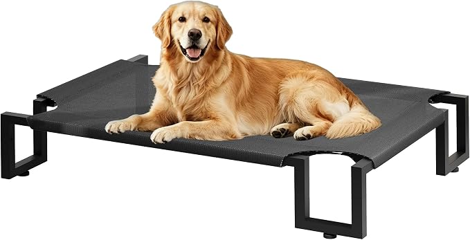 Elevated Dog Bed,Raised Outdoor Dog Bed for Large Sized Dogs Black | Portable Cooling Dog Cot with Washable Breathable Teslin Mesh,Waterproof Pet Bed for Indoor,Durable,No-Slip Feet,110×76×21cm