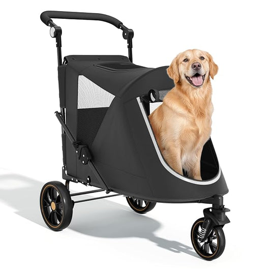Magshion Pet Stroller for Medium Large Dog, 3-Wheel Foldable Jogger, Black | All-Terrain with Adjustable Handle, Dual Entry, Rear Storage, Breathable Mesh, One-Foot Brake, Up to 55 lbs