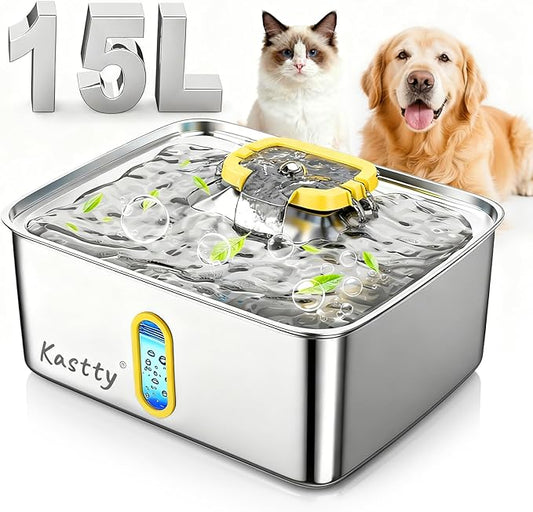Kastty 4 Gal Dog Water Fountain for Large Dogs, 15L Stainless Steel Pet Water Fountain, QuietTriple Filtration Dog Water Bowl Dispenser with Water Level Window and LED Light Easy Clean(FS78,Yellow)