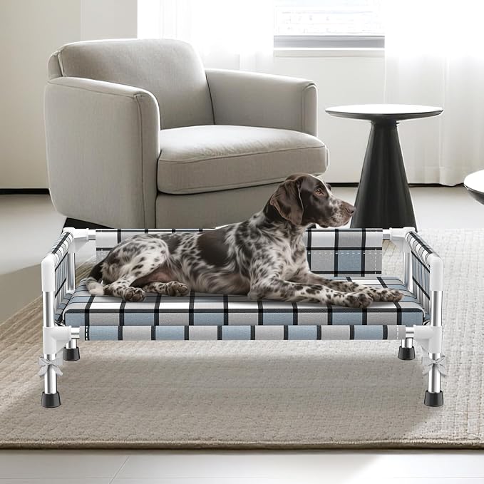 Elevated Dog Bed with with Guardrail & Cushion, Raised 3-Fence Dog Bed | Breathable Lifted Stainless Steel Frame Dog Hammock Bed with Mat for Medium Pets, Cooling Washable Dog Cot