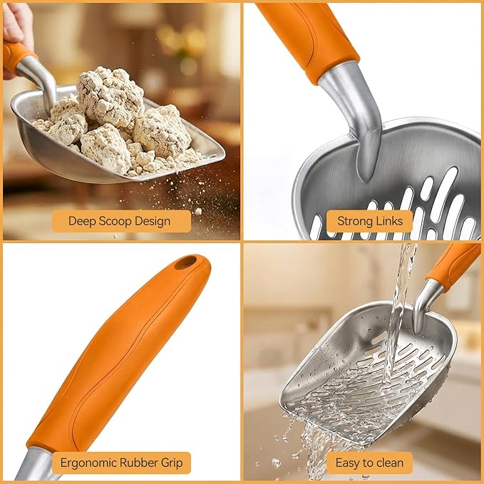 Cat Litter Scoop, Large Long Handle Kitty Metal Scooper | Heavy Duty Aluminum Deep Sifter, Ergonomic Non-Slip Grip, Rustproof Durable Poop Cleaner for Cat Litter Box