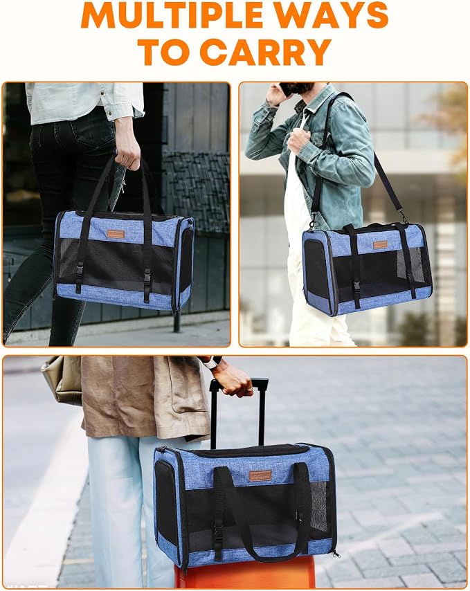 Foldable Cat Dog Carrier for Pets up to 15 Lb, Blue | Top & Side Entry, Soft-Sided Pet Carrier with Ventilated Anti-Scratch Mesh & Car Seat Buckle for Car Travel, 20×13×13 in