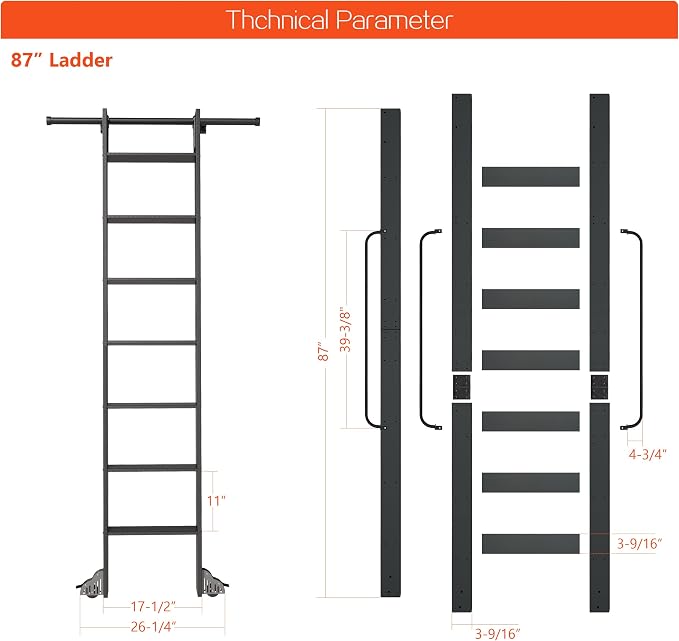 DIYHD 87" Rolling Library Ladder with Handrail, 4FT Sliding Rail, Black | 7-Step lightweight ladder with space-saving upright storage, Telescopic top hooks, Locking bottom rollers, 300lbs capacity