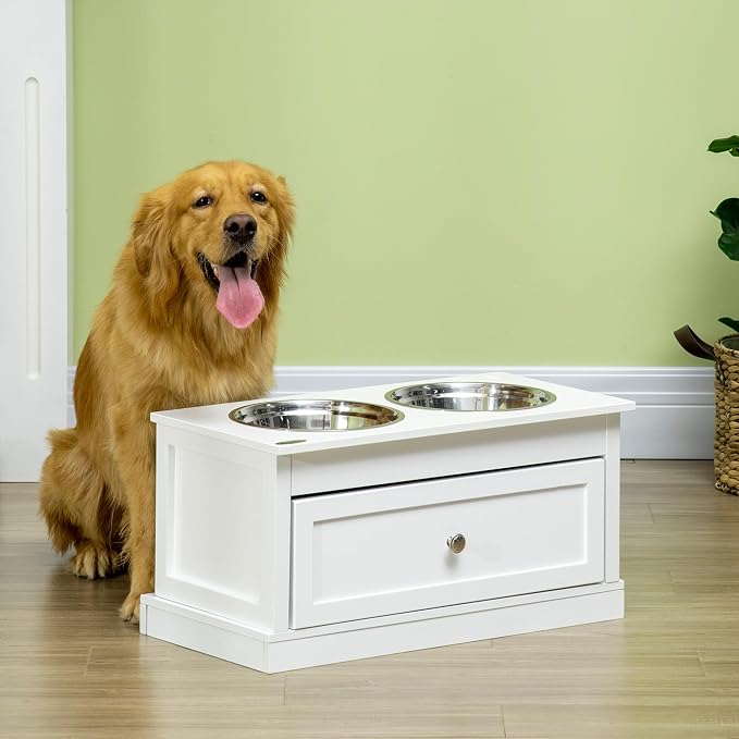 PawHut Large Elevated Dog Bowls with Storage Cabinet Containing Large 44L Capacity, Raised Dog Bowl Stand Pet Food Bowl Pet Feeding Station, Brown | Raised Dog Bowl Stand, Pet Food Bowl, Pet Feeding Station